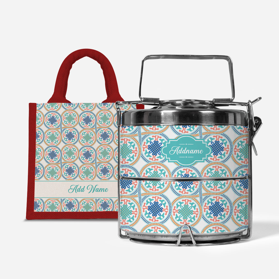 Moroccan Series Premium Two Tier Tiffin With Half Lining Lunch Bag  - Chahid Red