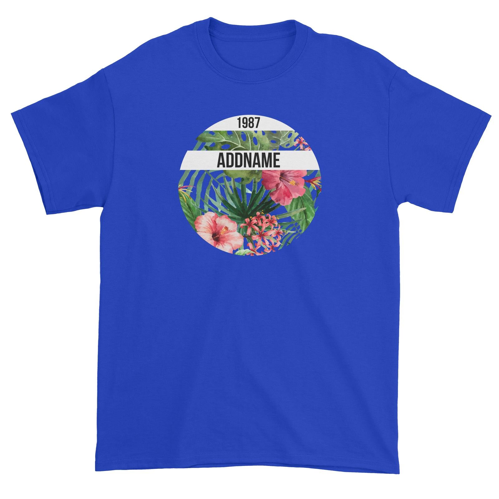 Tropical Leaves With Bunga Raya Personalizable with Name and Year Unisex T-Shirt