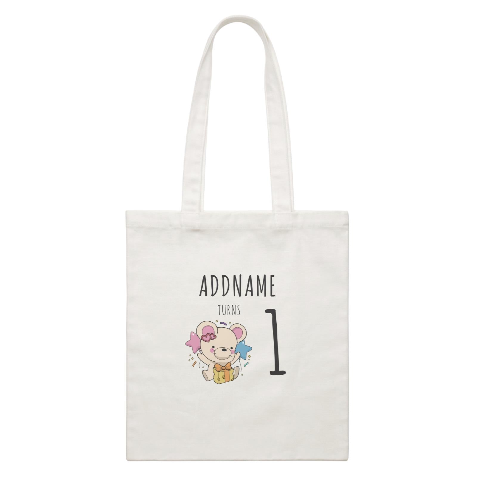 Birthday Sketch Animals Mouse with Cheese Present Addname Turns 1 White Canvas Bag