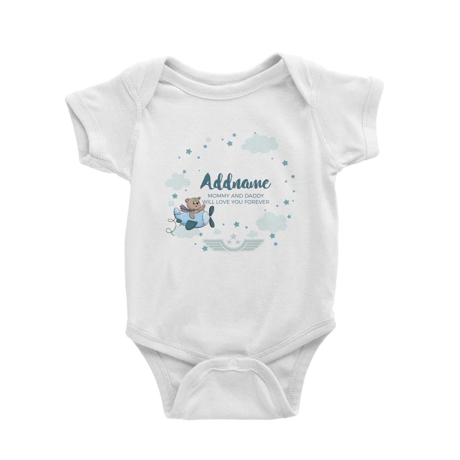 Cute Bear Pilot in Blue Plane Clouds and Stars Element Personalizable with Name and Text Baby Romper