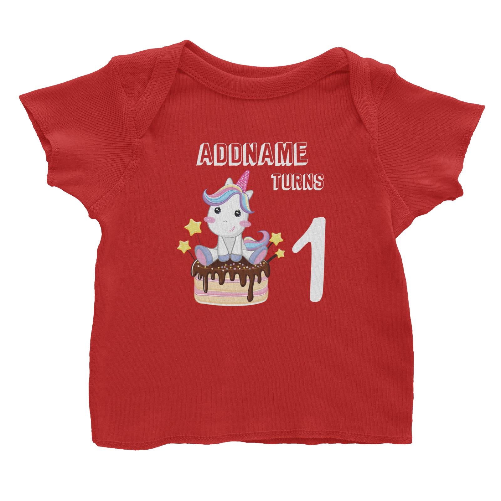 Birthday Unicorn With Cake Addname Turns 1 Baby T-Shirt