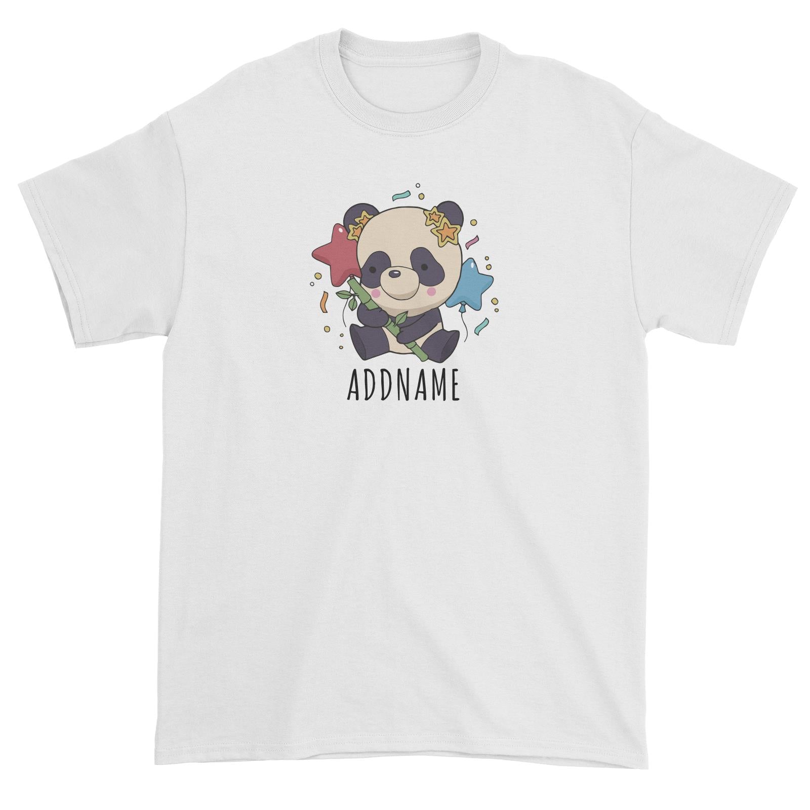 Birthday Sketch Animals Panda with Party Hat Holding Bamboo Addname Unisex T-Shirt