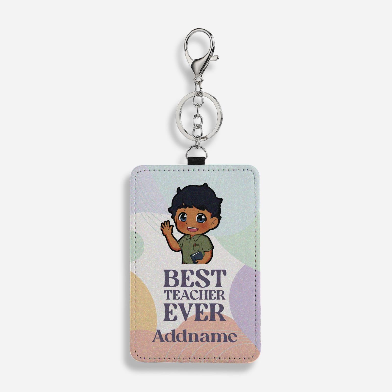 Chibi Best Teacher Ever Pastel Melody - Indian Male Teacher Card Holder with Keyring