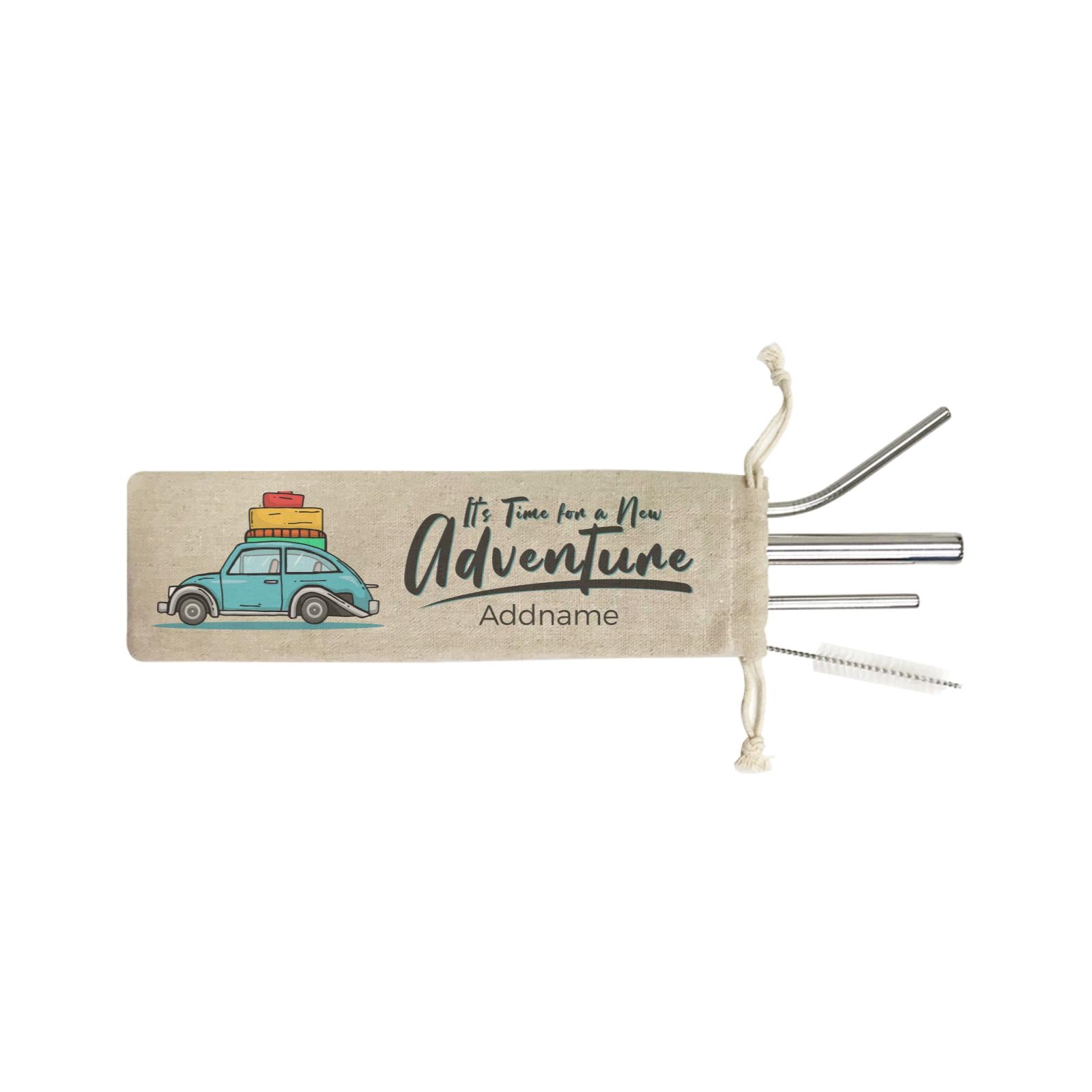Adventure Quotes It's Time For A New Adventure with Blue Car Addname SB 4-in-1 Stainless Steel Straw Set In a Satchel