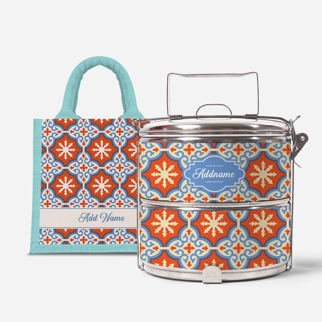 Moroccan Series Standard Two Tier Tiffin With Half Lining Lunch Bag  - Cherqi Light Blue