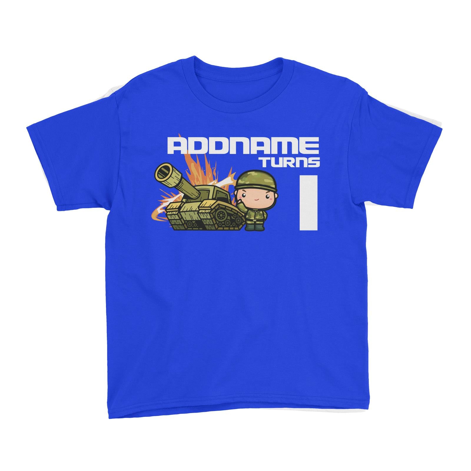 Birthday Battle Theme Tank And Army Soldier Boy Addname Turns 1 Kid's T-Shirt