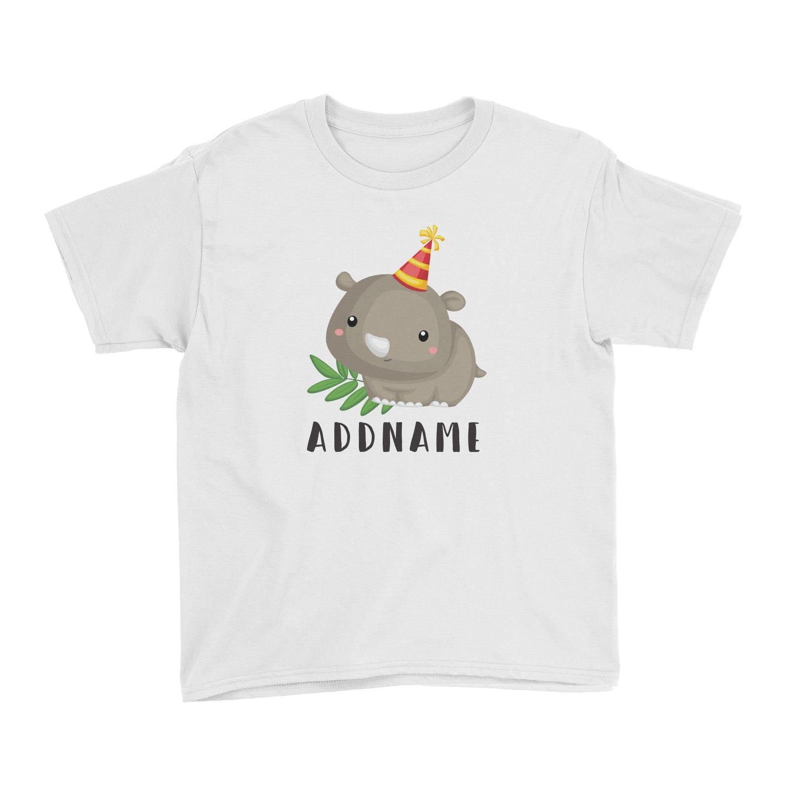 Birthday Safari Rhino Wearing Party Hat Addname Kid's T-Shirt