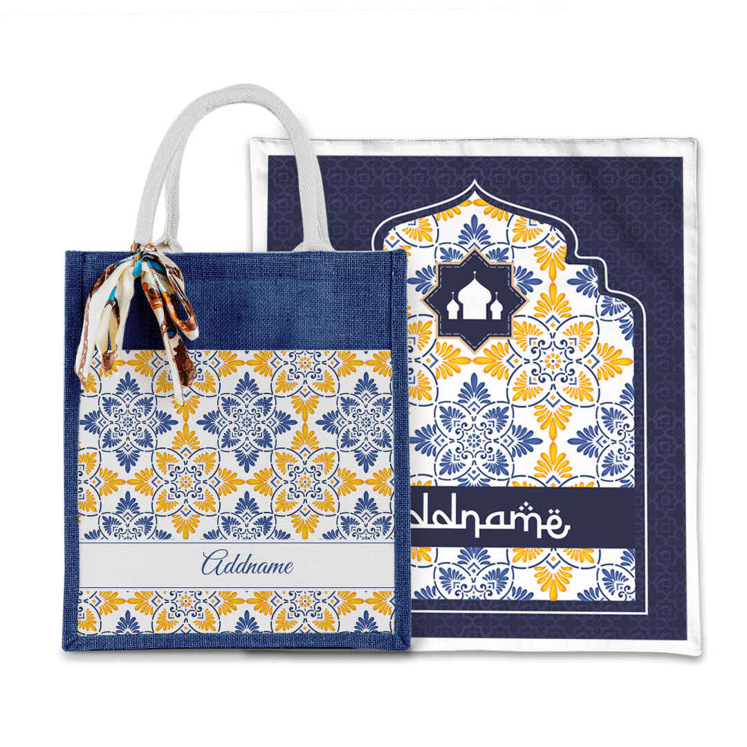 Arabesque Butter Blue Sejadah with Matching Colourful Jute Bag