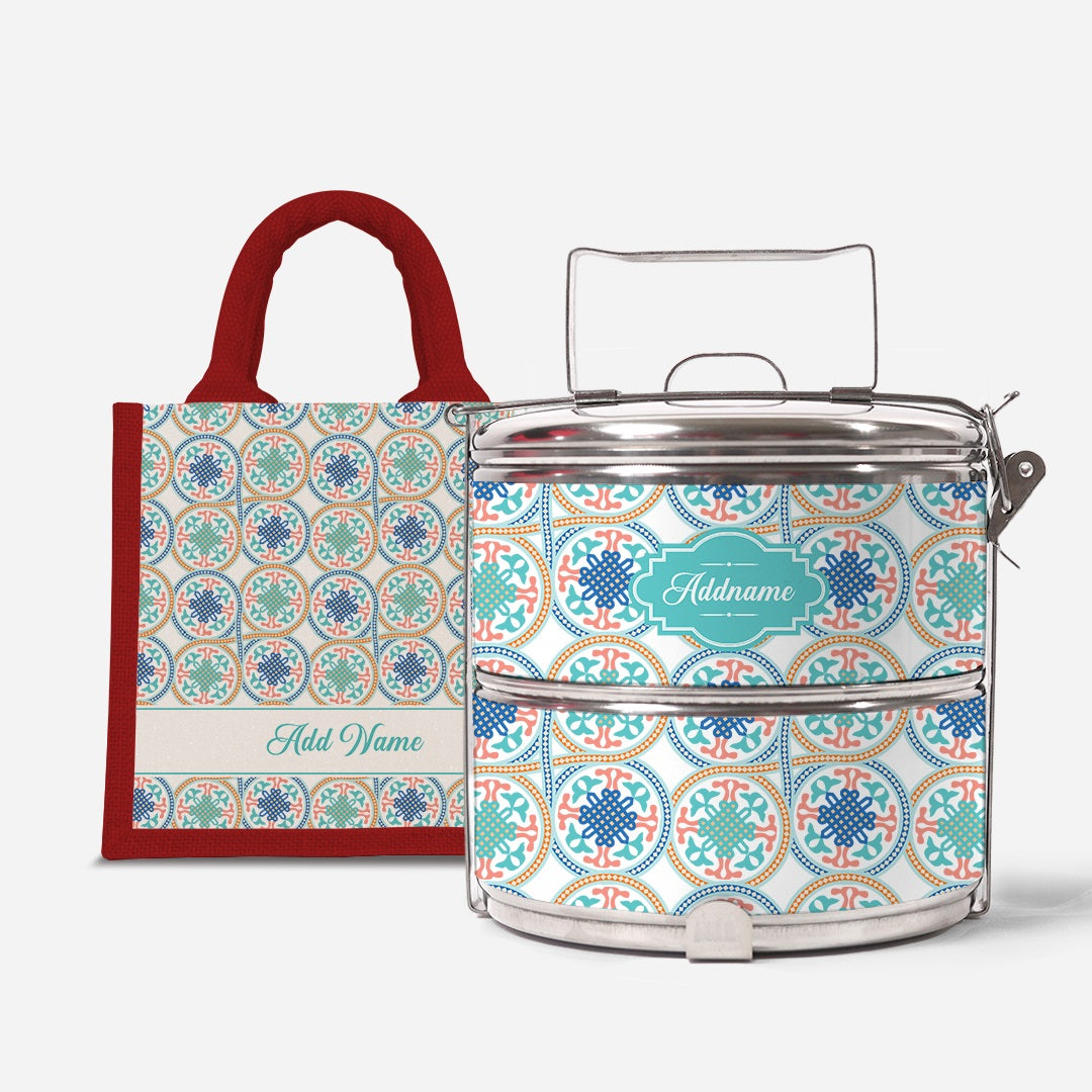 Moroccan Series Standard Two Tier Tiffin With Half Lining Lunch Bag  - Chahid Red