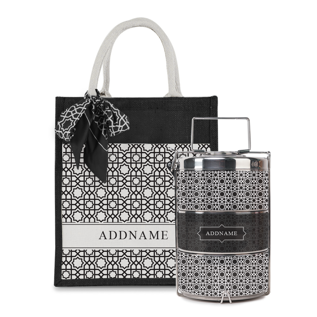Annas Series - Black Colorful Jute Bag with Front Pocket with Tiffin Carrier Set