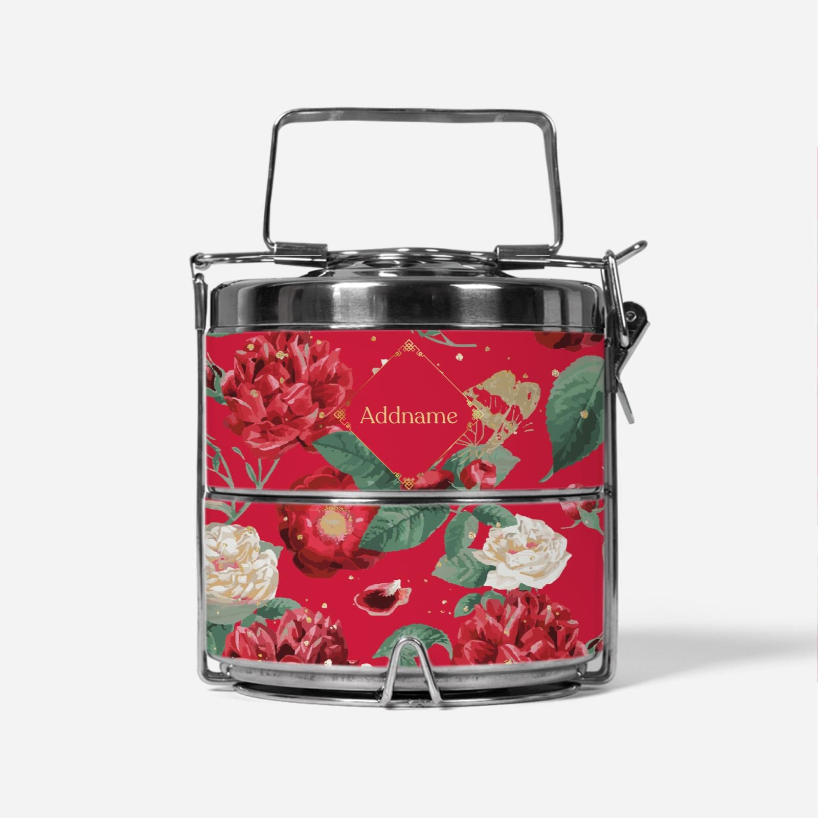 Royal Floral Series With English Personalization Two Tier Premium Tiffin Carrier - Scorching Passion