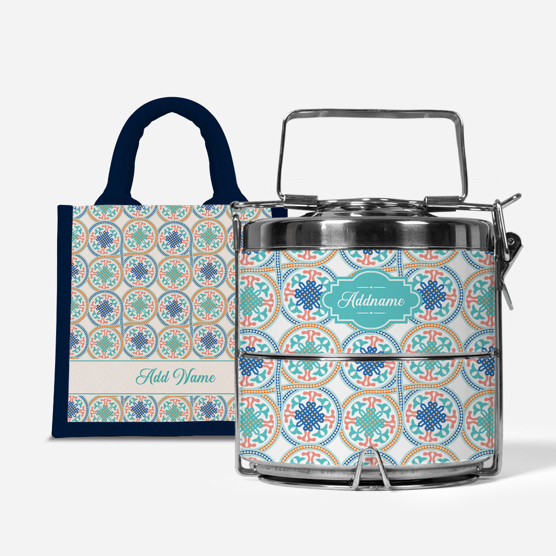 Moroccan Series Premium Two Tier Tiffin With Half Lining Lunch Bag  - Chahid Navy