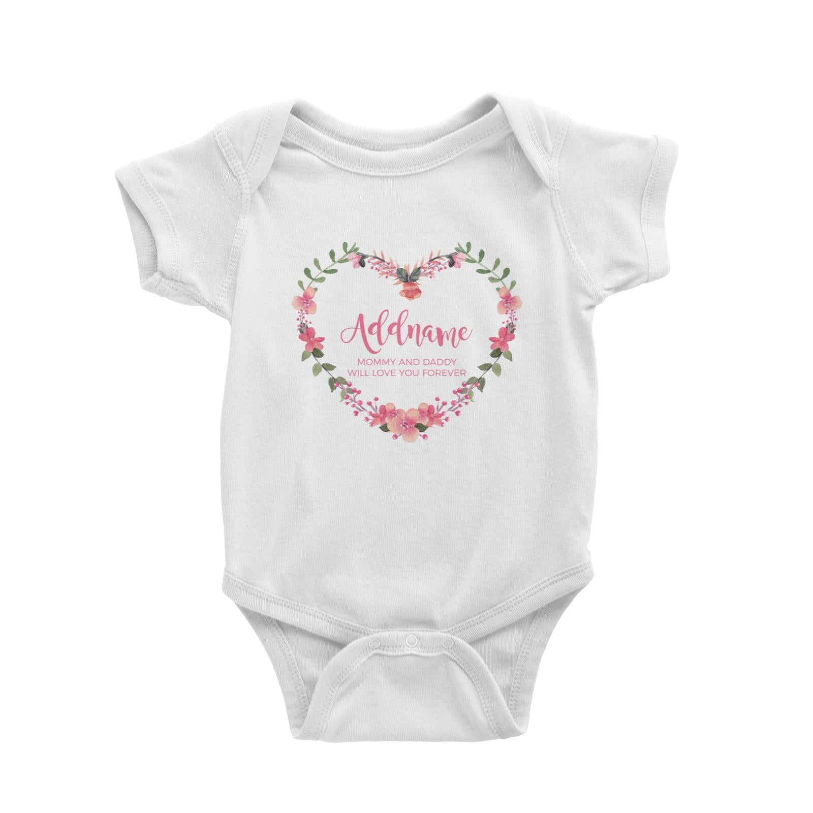 Pink Heart Shaped Flower Wreath Personalizable with Name and Text Baby Romper