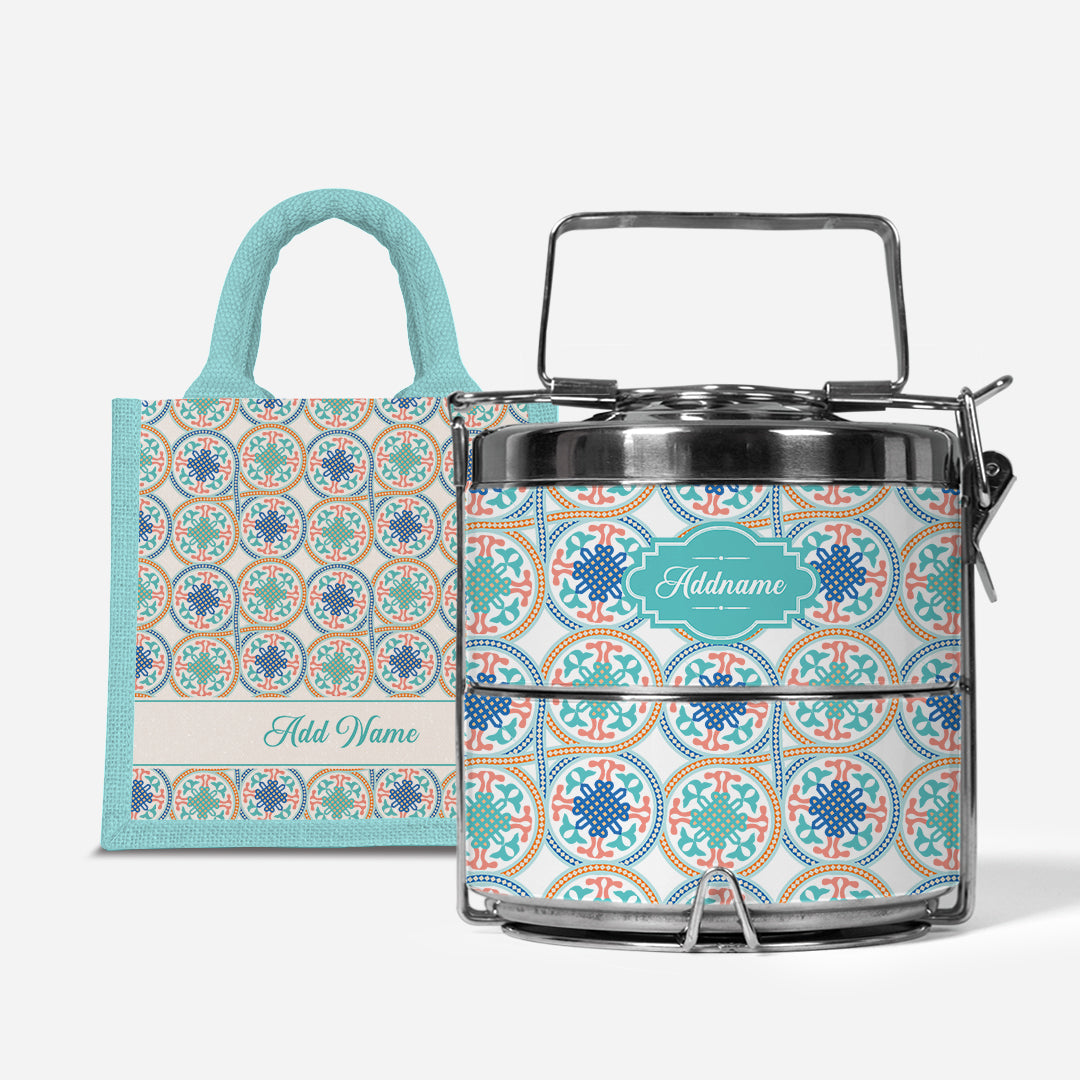 Moroccan Series Premium Two Tier Tiffin With Half Lining Lunch Bag  - Chahid Light Blue