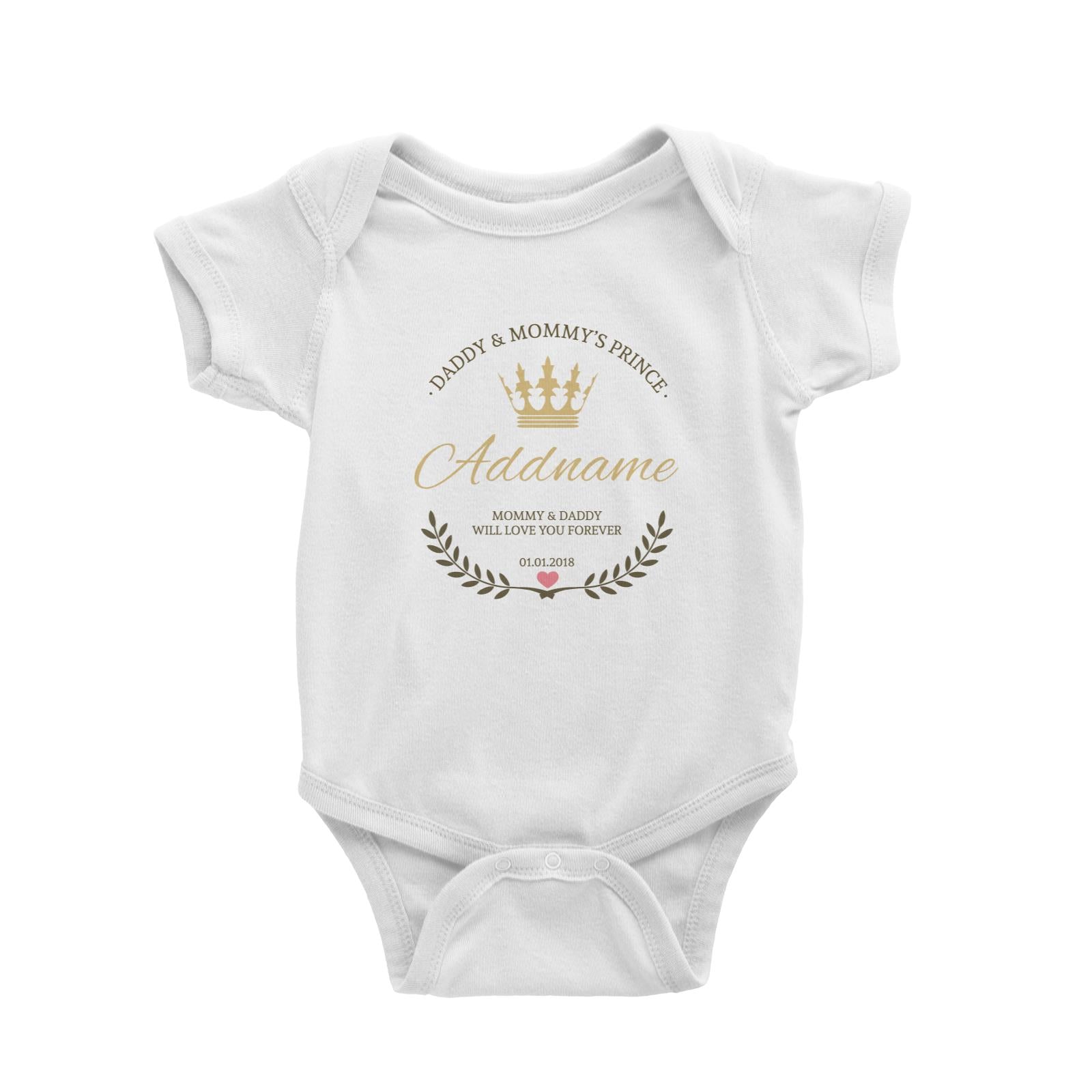 Daddy and Mommy's Prince with Crown Wreath Personalizable with Name Text and Date Baby Romper