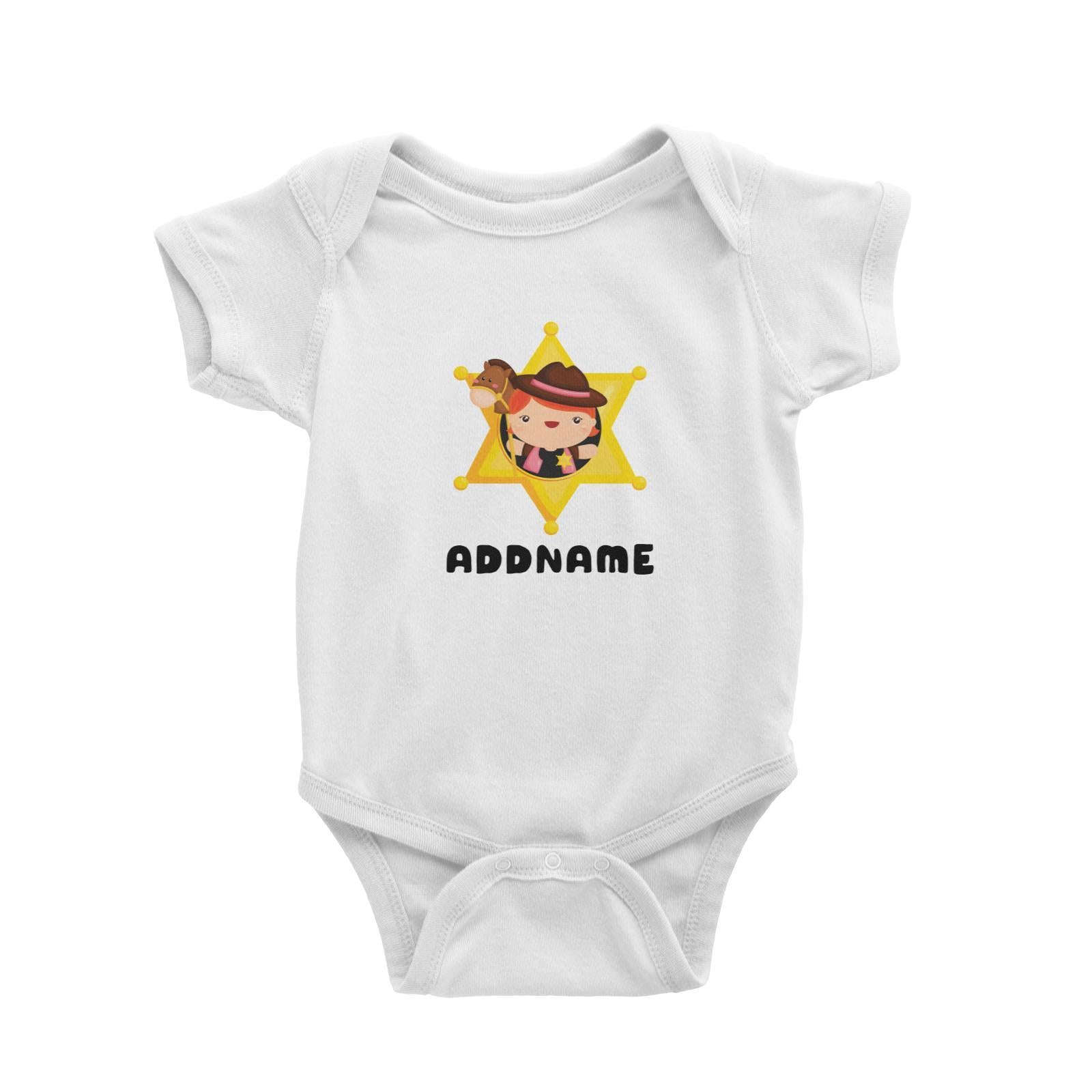 Birthday Cowboy Style Little Cowgirl Holding Toy Horse In Star Badge Addname Baby Romper