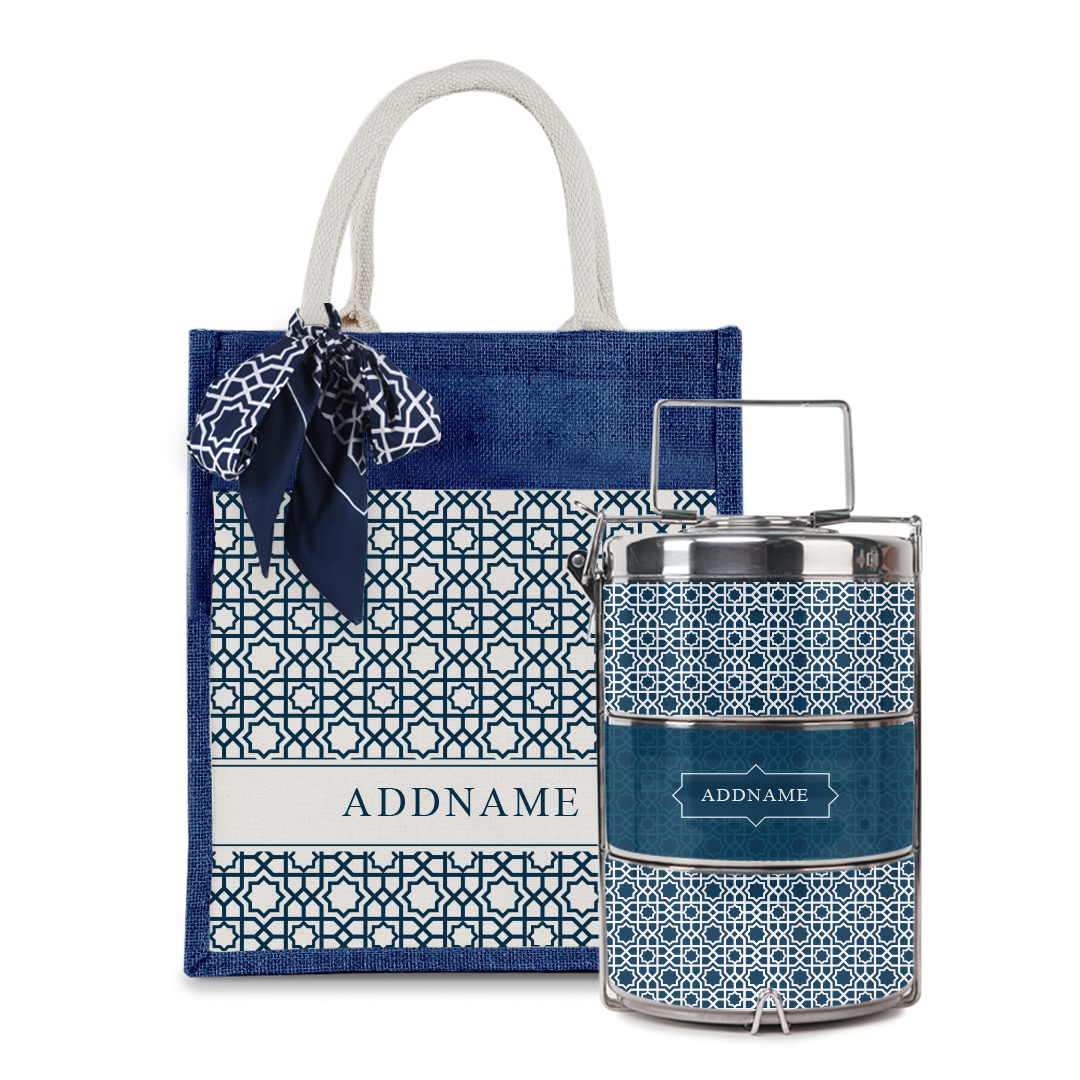 Annas Series - Prussian Blue Colorful Jute Bag with Front Pocket with Tiffin Carrier Set