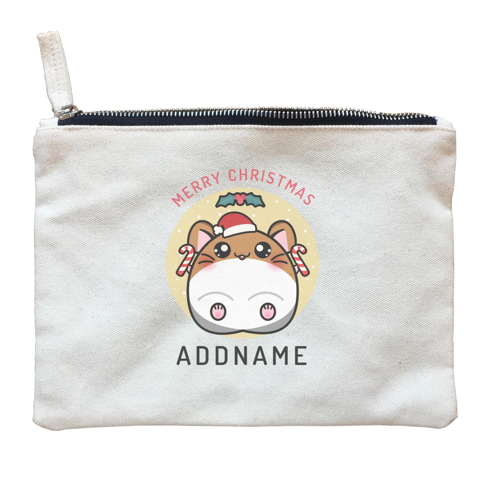Merry Christmas Cute Santa Boy Hamster with Candy Cane Zipper Pouch