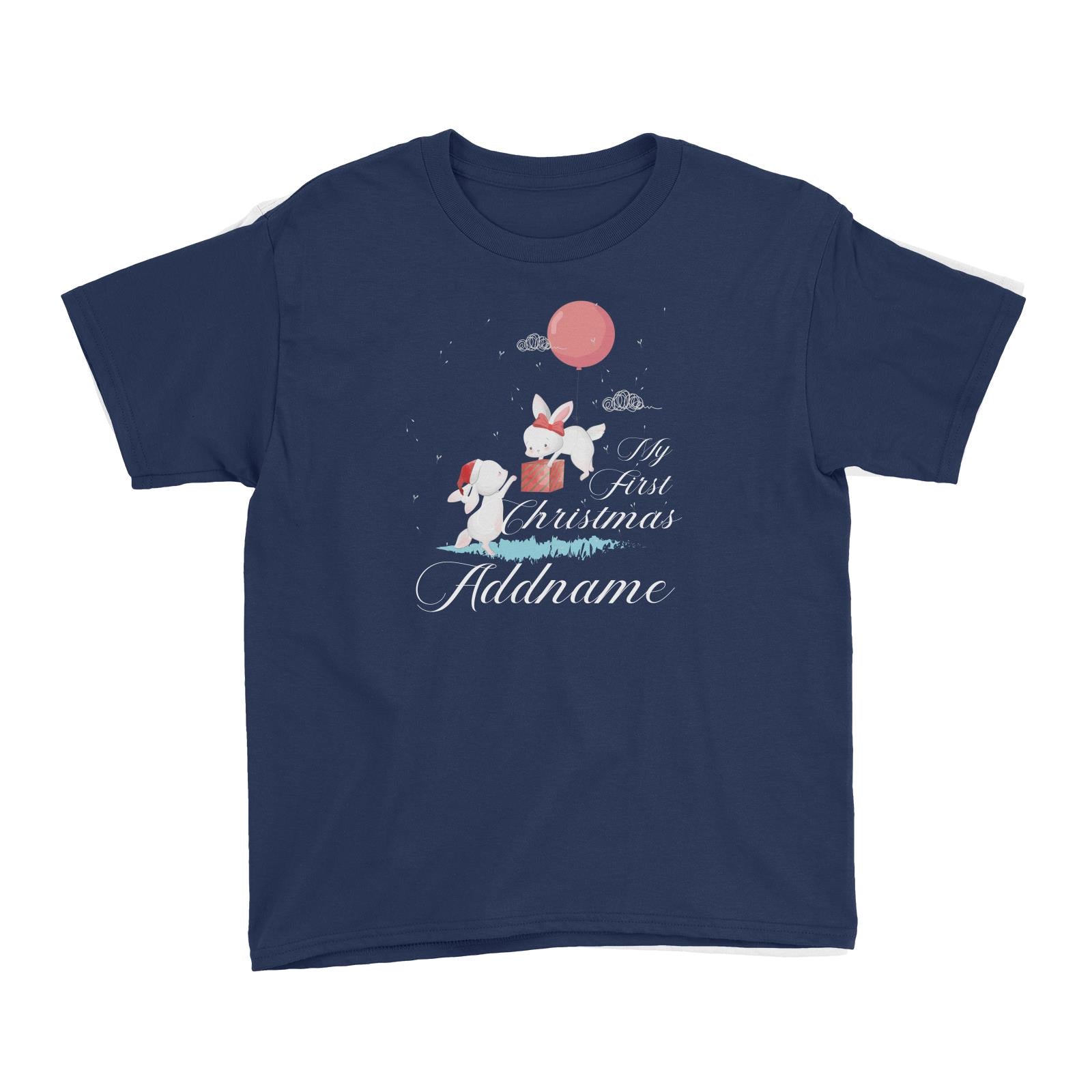 Christmas Cute Rabbits With Balloon and Present My First Christmas Addname Kid's T-Shirt