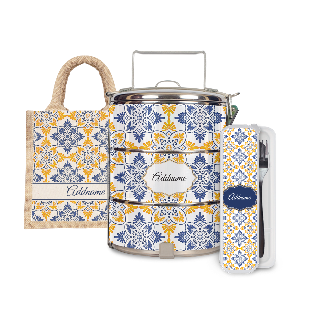 Moroccan Series - Arabesque Butter Blue Half Lining Lunch Bag, Tiffin Carrier and Cutlery Set