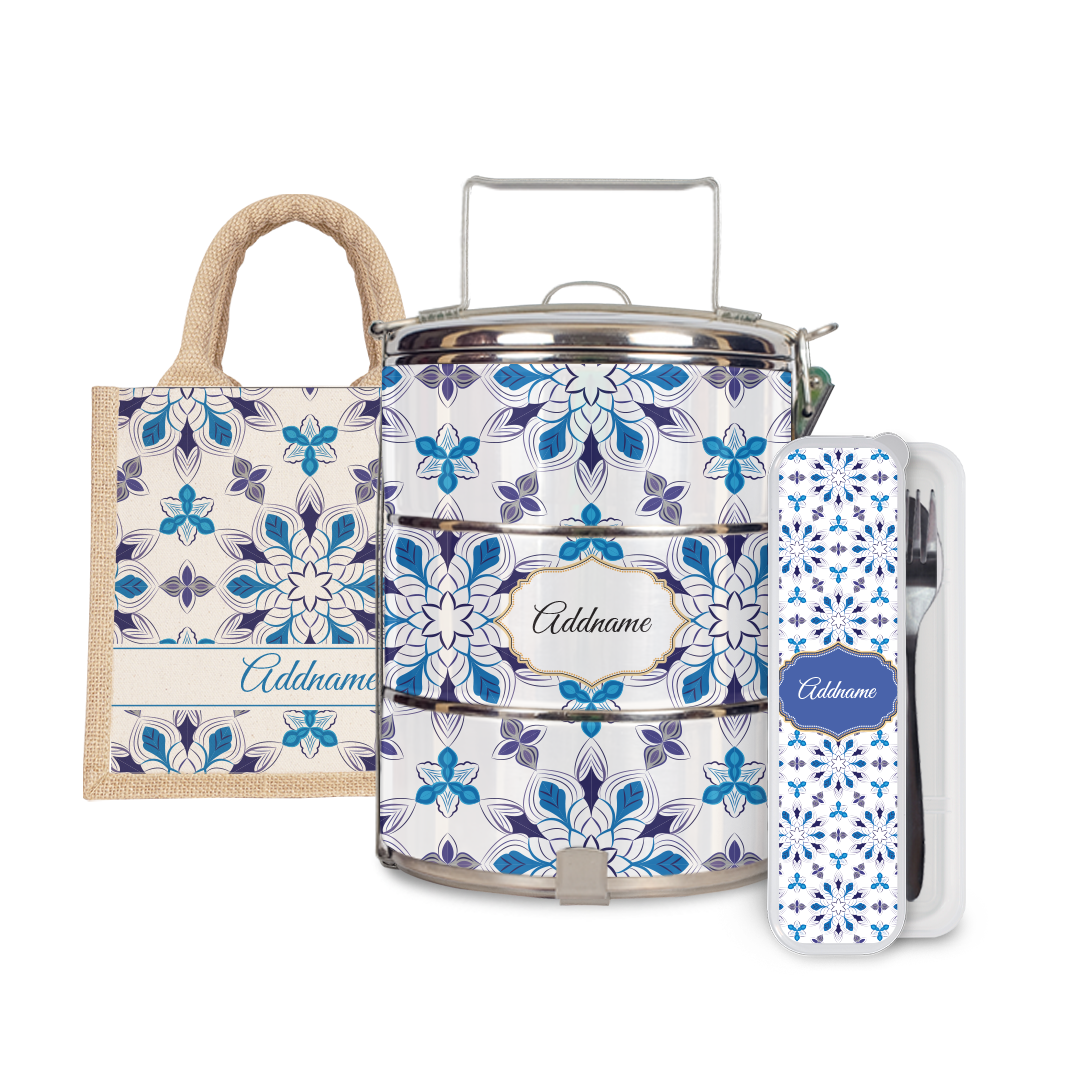 Moroccan Series - Arabesque Frost Half Lining Lunch Bag, Tiffin Carrier and Cutlery Set