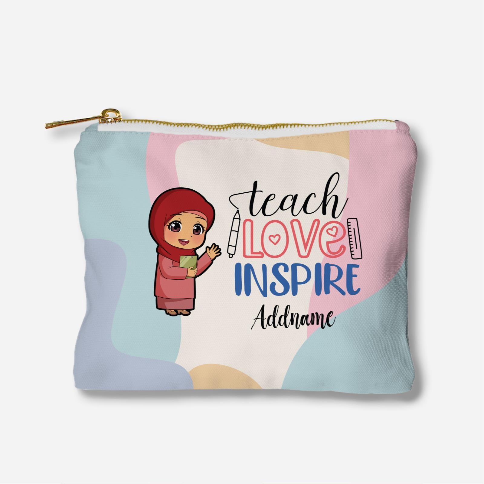 Teach Love Inspire With Chibi Teacher Malay Female Teacher Full Print Zipper Pouch