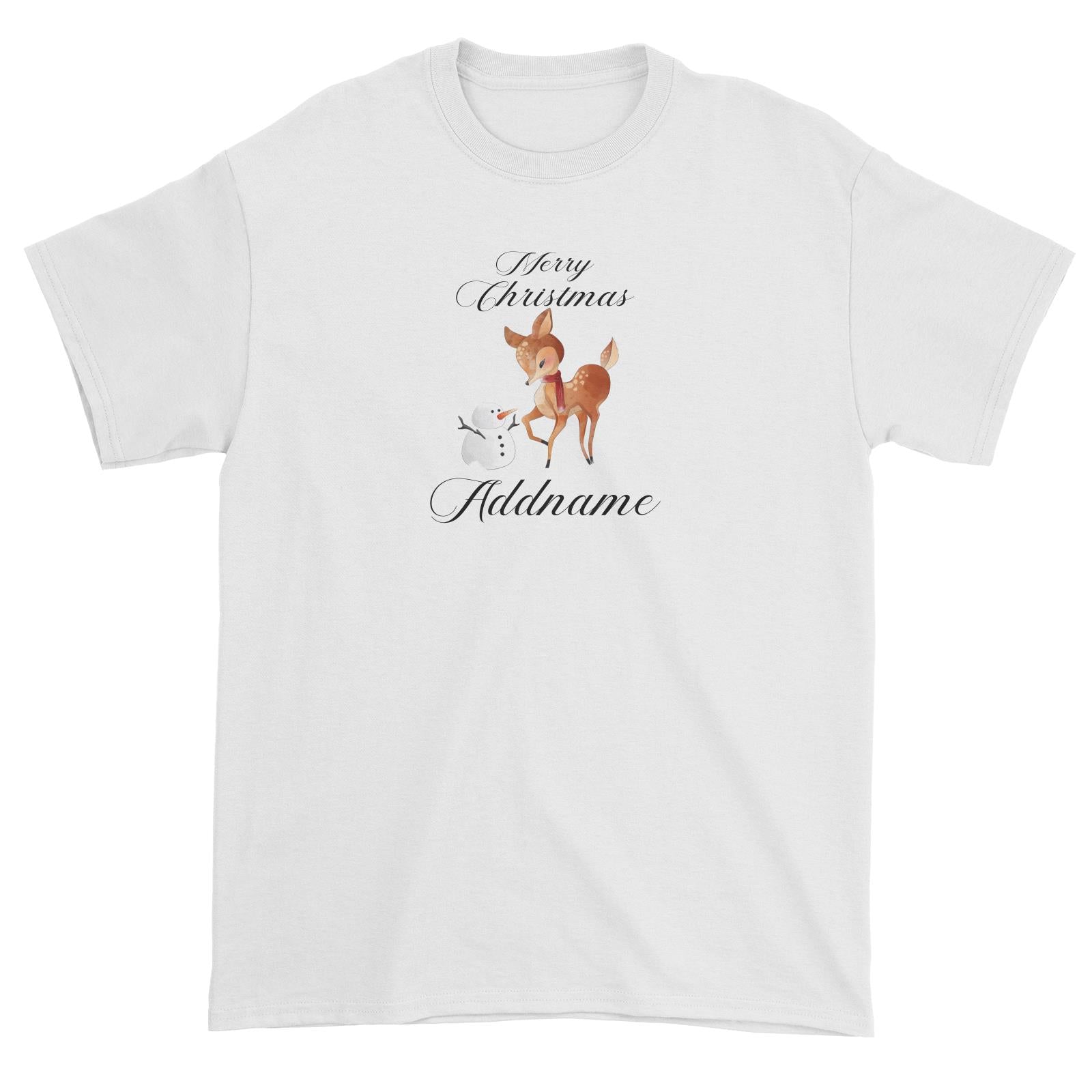 Christmas Cute Deer With Snowman Merry Christmas Addname Unisex T-Shirt