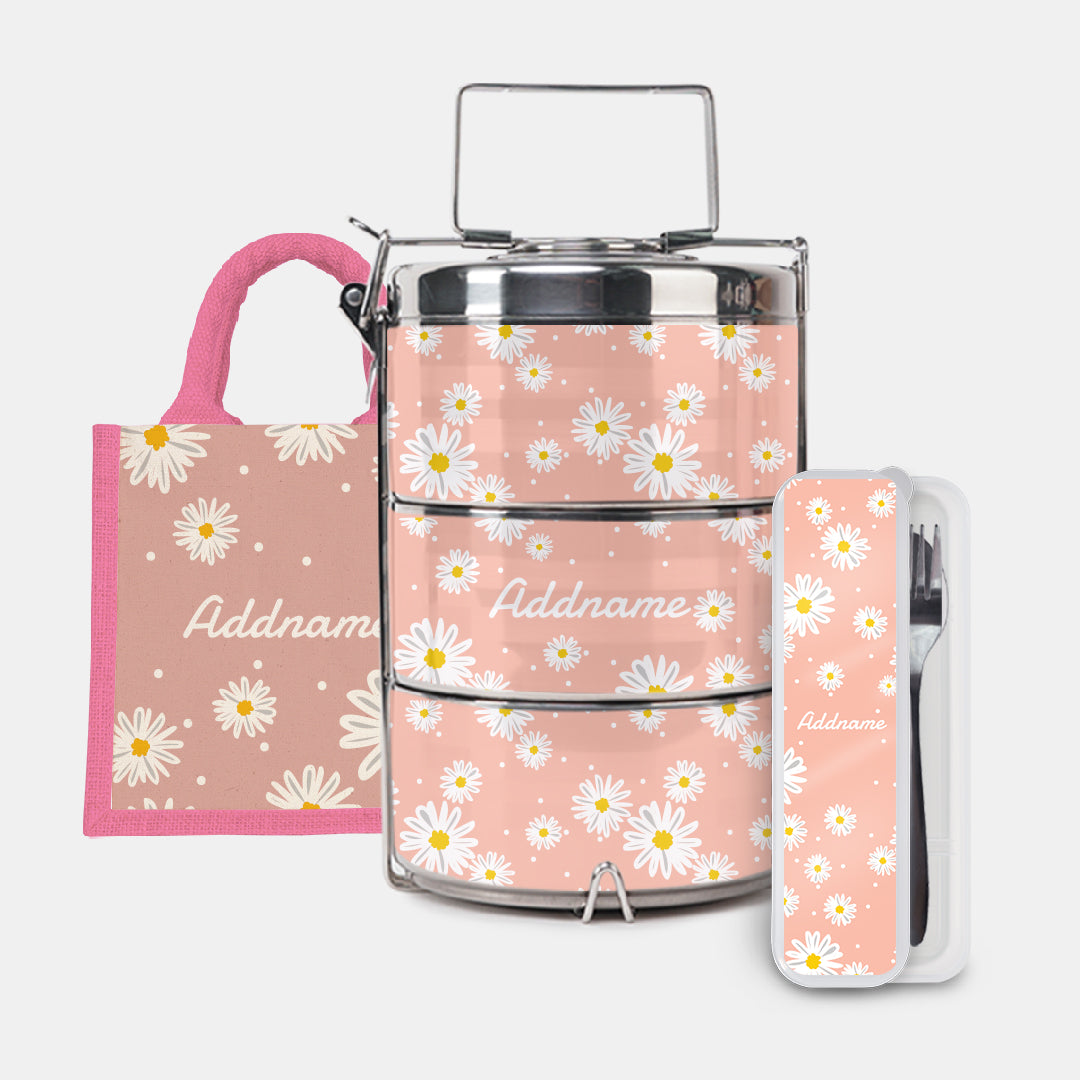 Daisy Series Half Lining Lunch Bag, Premium Tiffin Carrier And Cutlery Set - Coral Light Pink