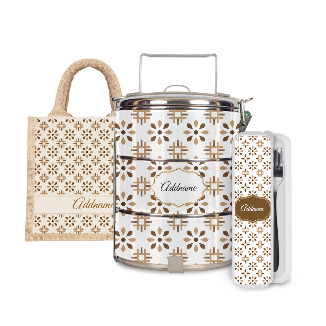 Moroccan Series - Arabesque Tawny Brown Half Lining Lunch Bag, Tiffin Carrier and Cutlery Set