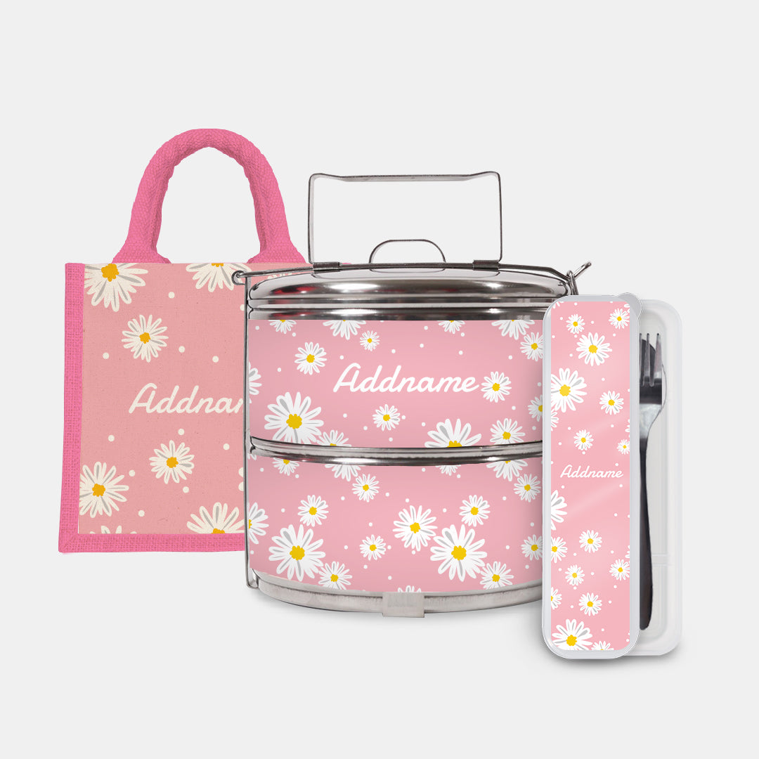 Daisy Series Half Lining Lunch Bag, Standard Two Tier Tiffin Carrier And Cutlery Set - Blush Light Pink