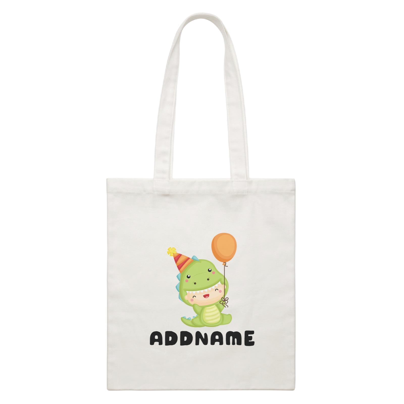 Birthday Dinosaur Happy Baby Wearing Dinosaur Suit And Party Hat Addname White Canvas Bag