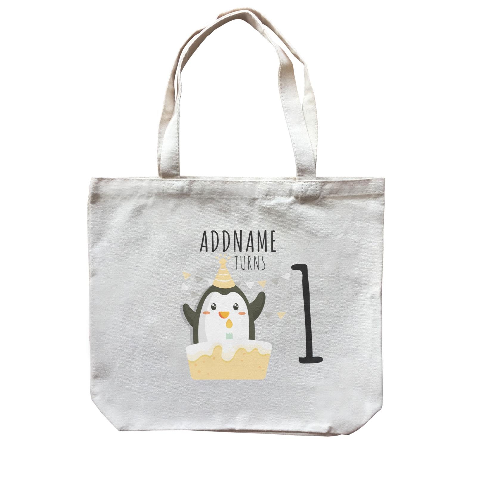 Birthday Cute Penguin And Cake Addname Turns 1 Canvas Bag