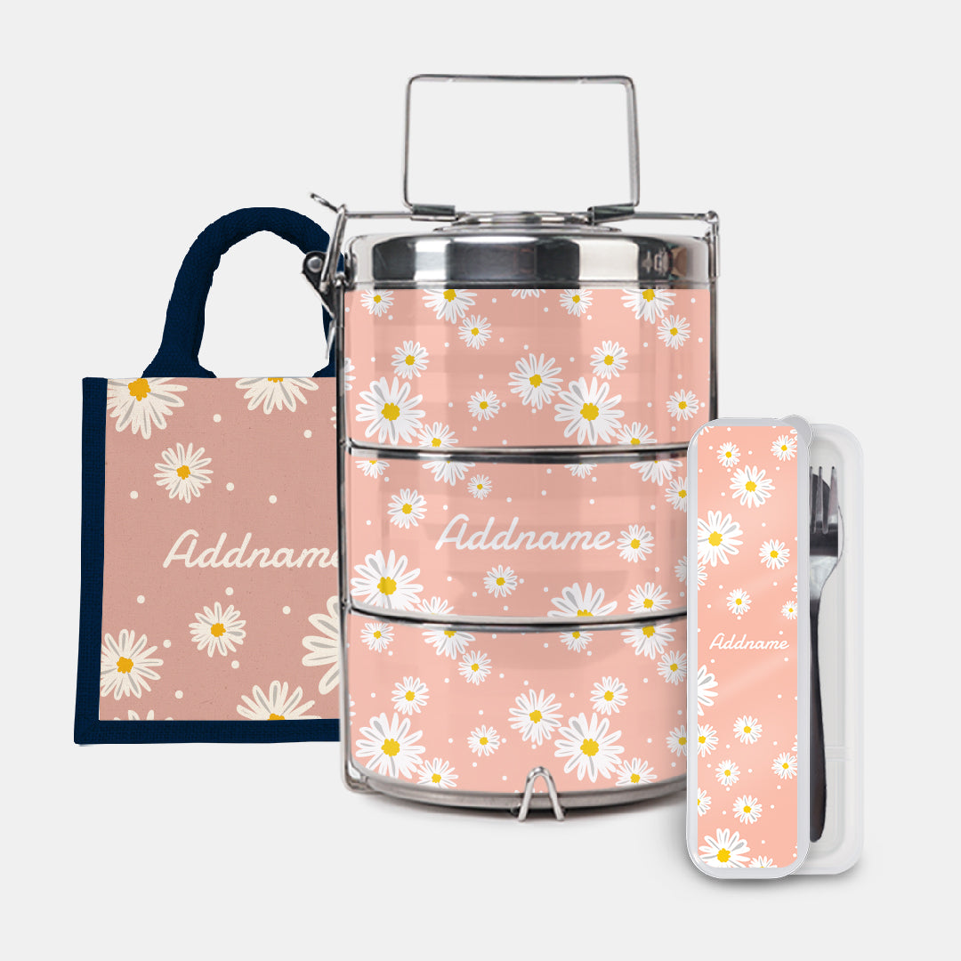 Daisy Series Half Lining Lunch Bag, Premium Tiffin Carrier And Cutlery Set - Coral Navy
