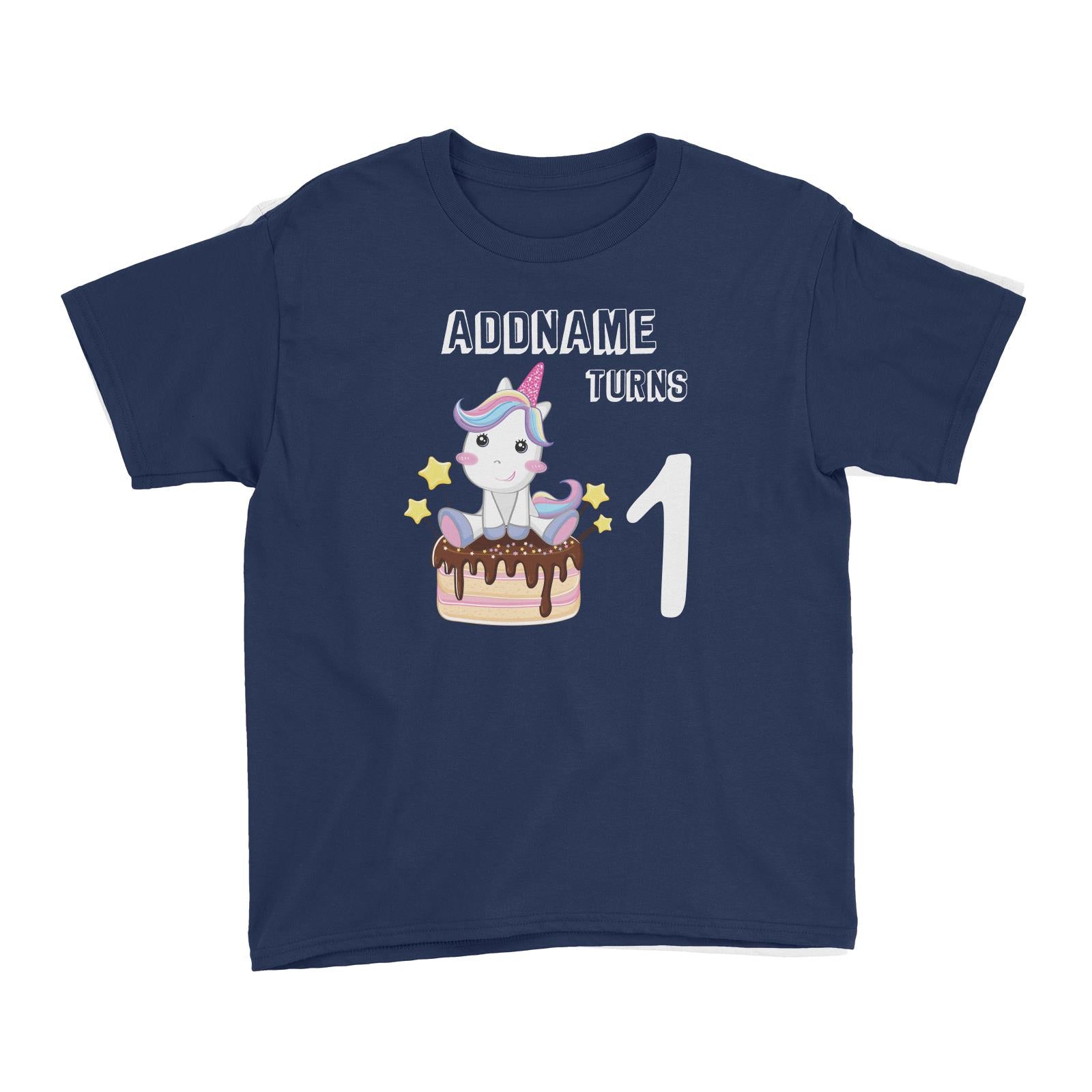 Birthday Unicorn With Cake Addname Turns 1 Kid's T-Shirt