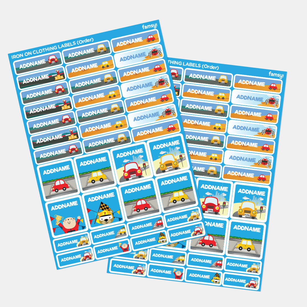 Kids Essentials Kids Name Label Stickers Including Iron on (Cute Cars)