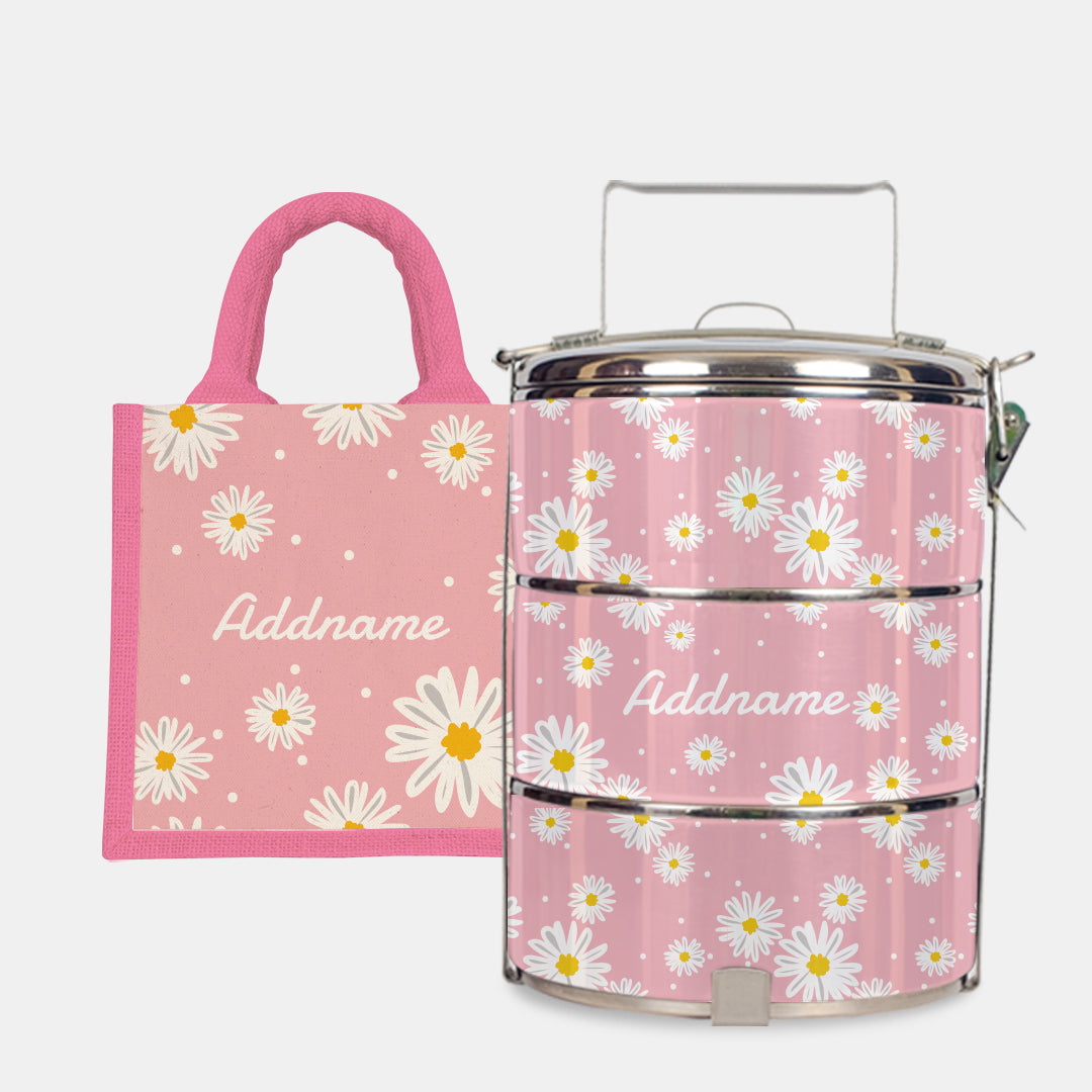 Daisy Series Half Lining Lunch Bag Wtih Standard Tiffin Carrier - Blush Light Pink