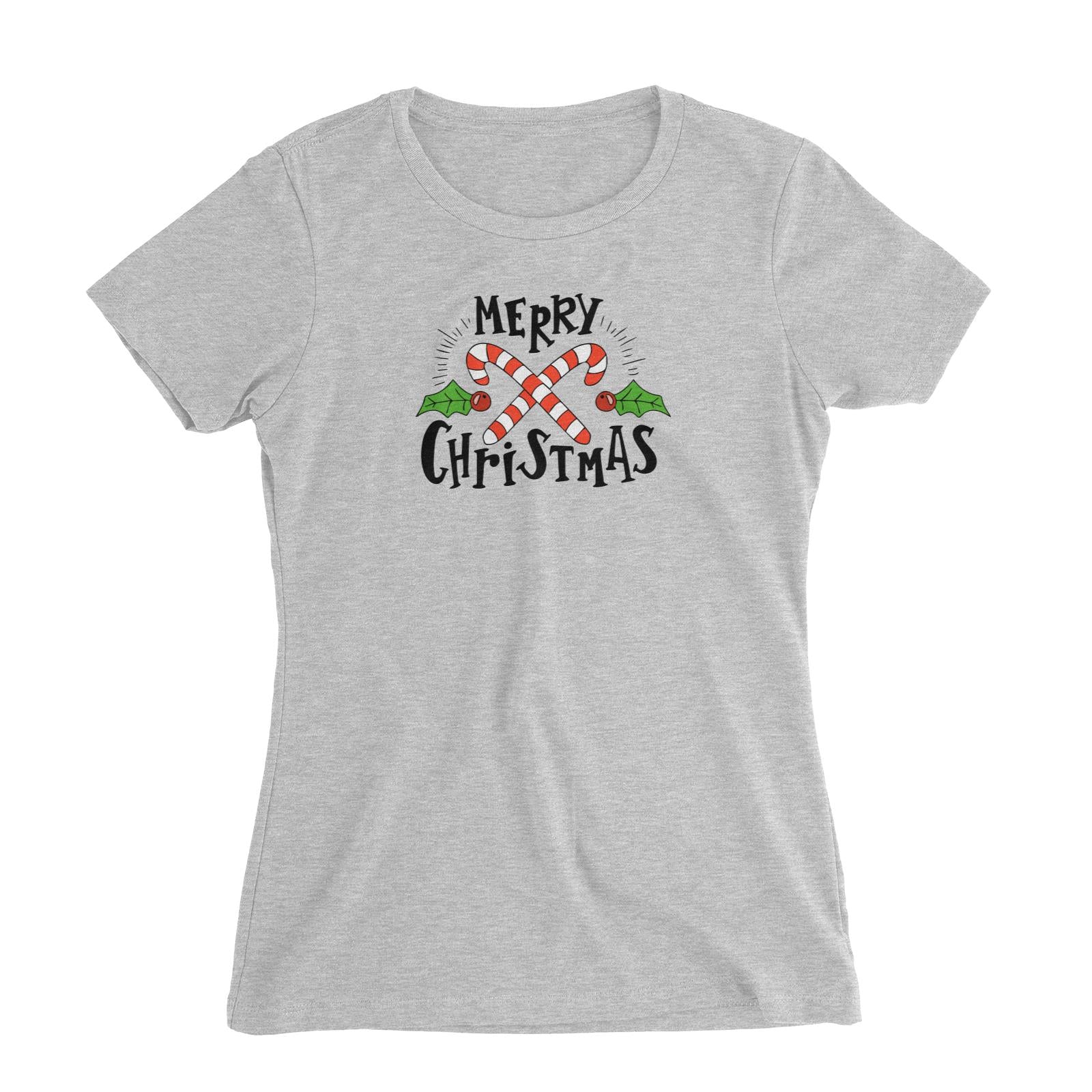Merry Chrismas with Holly and Candy Cane Greeting Women's Slim Fit T-Shirt Christmas Matching Family Lettering