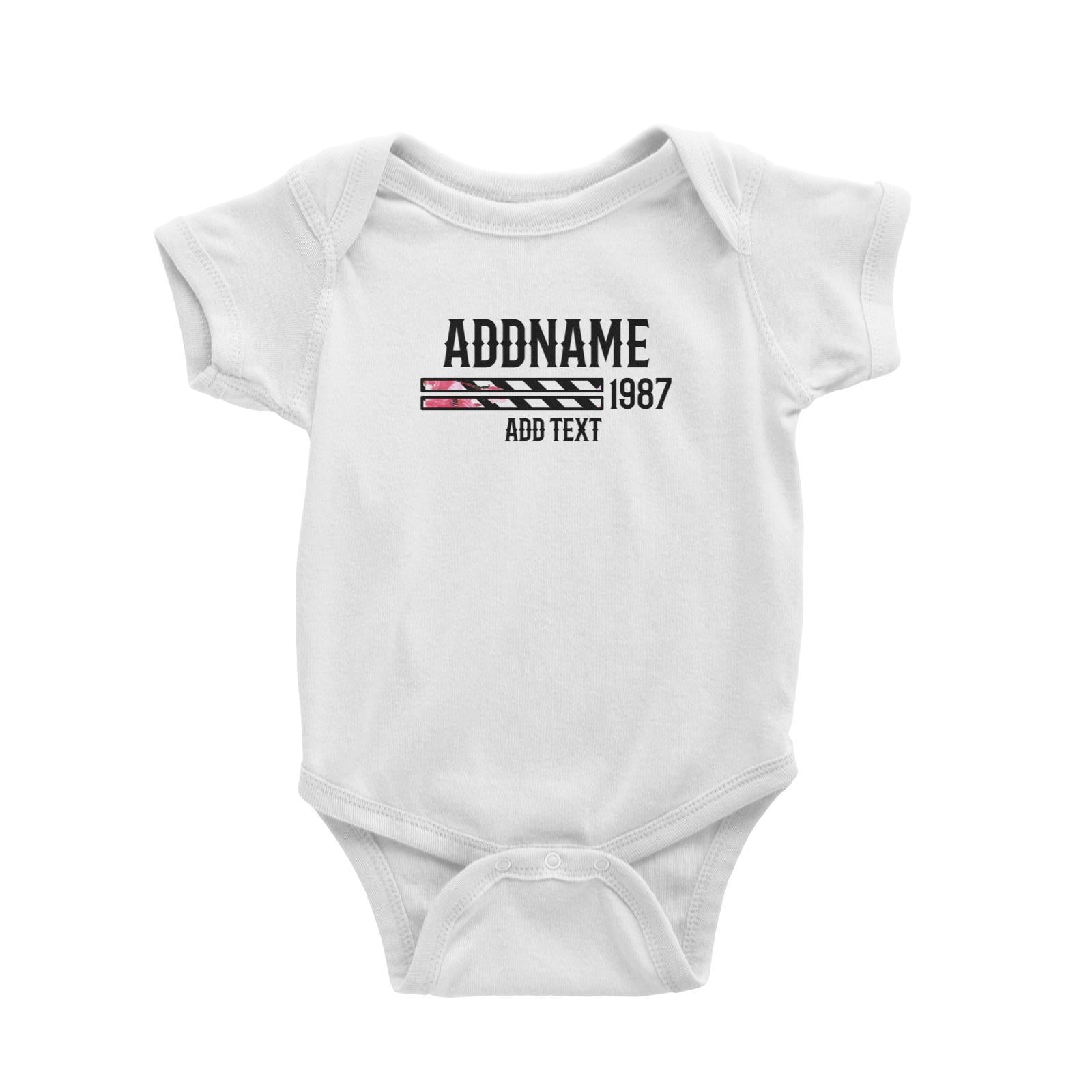 Pink Hibiscus Flower Stripes Bars Personalizable with Name Year and Text Baby Romper