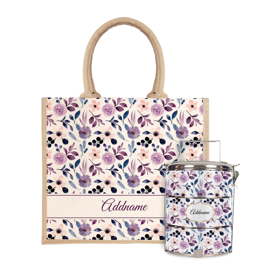 Laura Series - Violet Half Lining Jute Bag with Tiffin Carrier