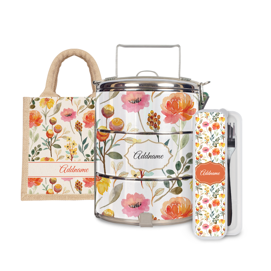 Laura Series - Carnelian Half Lining Lunch Bag, Tiffin Carrier and Cutlery Set