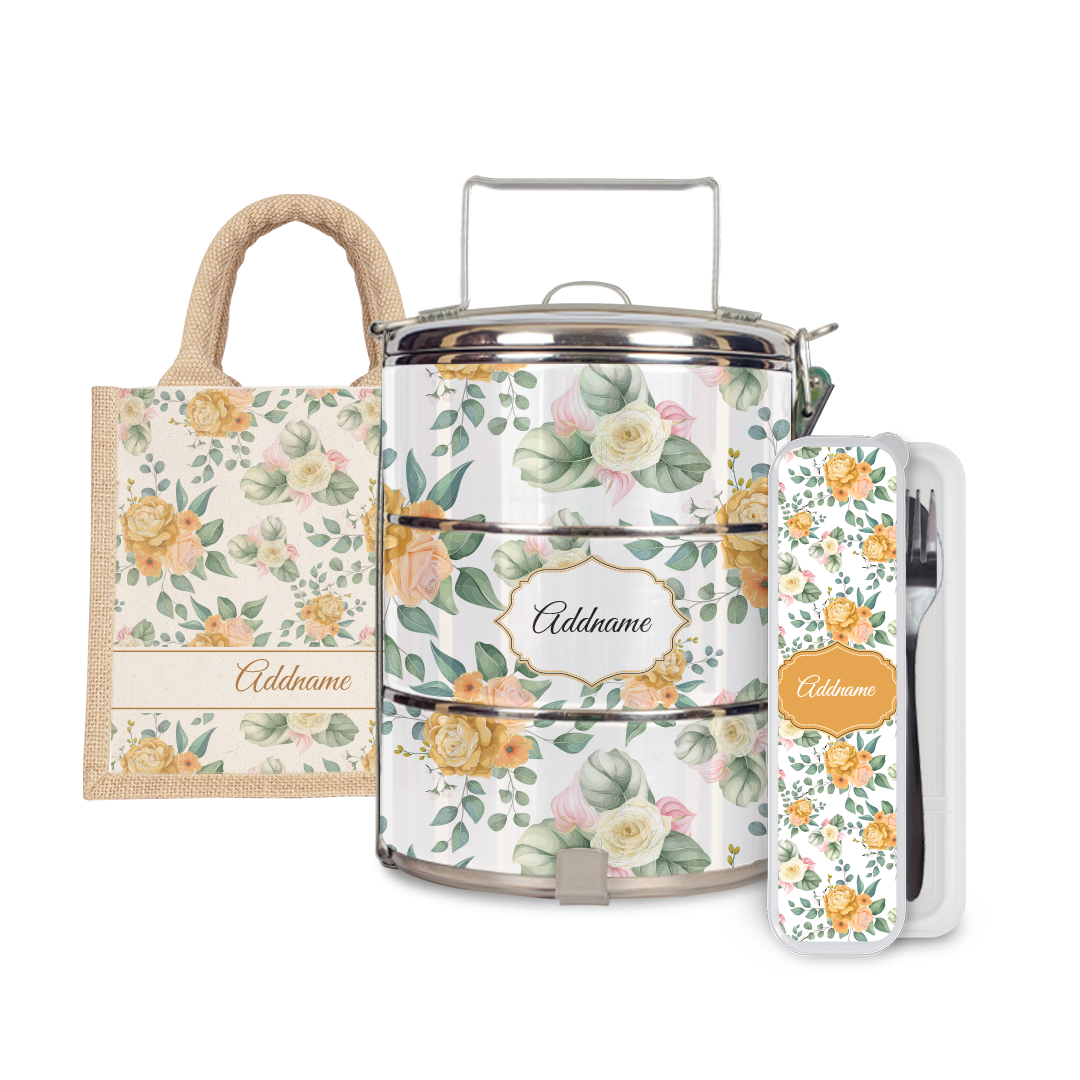 Laura Series - Honey Half Lining Lunch Bag, Tiffin Carrier and Cutlery Set