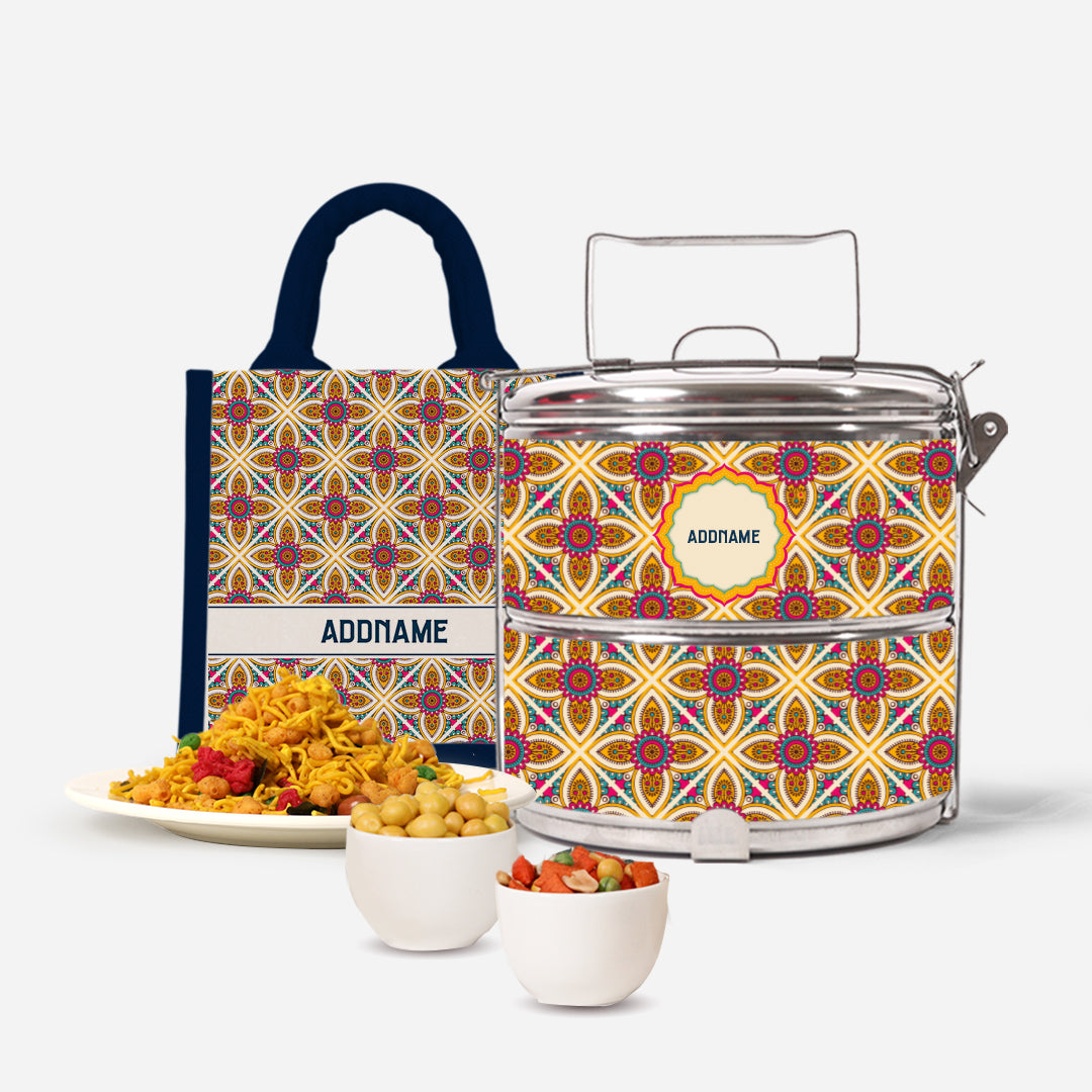 Pookal Series Half Lining Lunch Bag with Standard Two Tier Tiffin Carrier and Snacks - Vibrant Tiles Navy