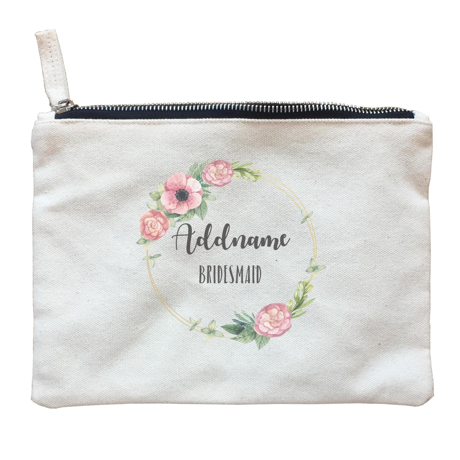 Bridesmaid Floral Sweet Pink Flower Wreath With Circle Bridesmaid Addname Zipper Pouch