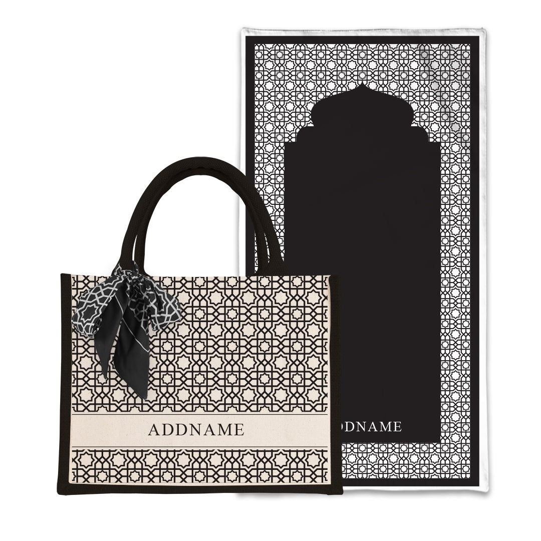 Annas Series - Black  Prayer Mat with Black Half Lining Small Canvas Bag