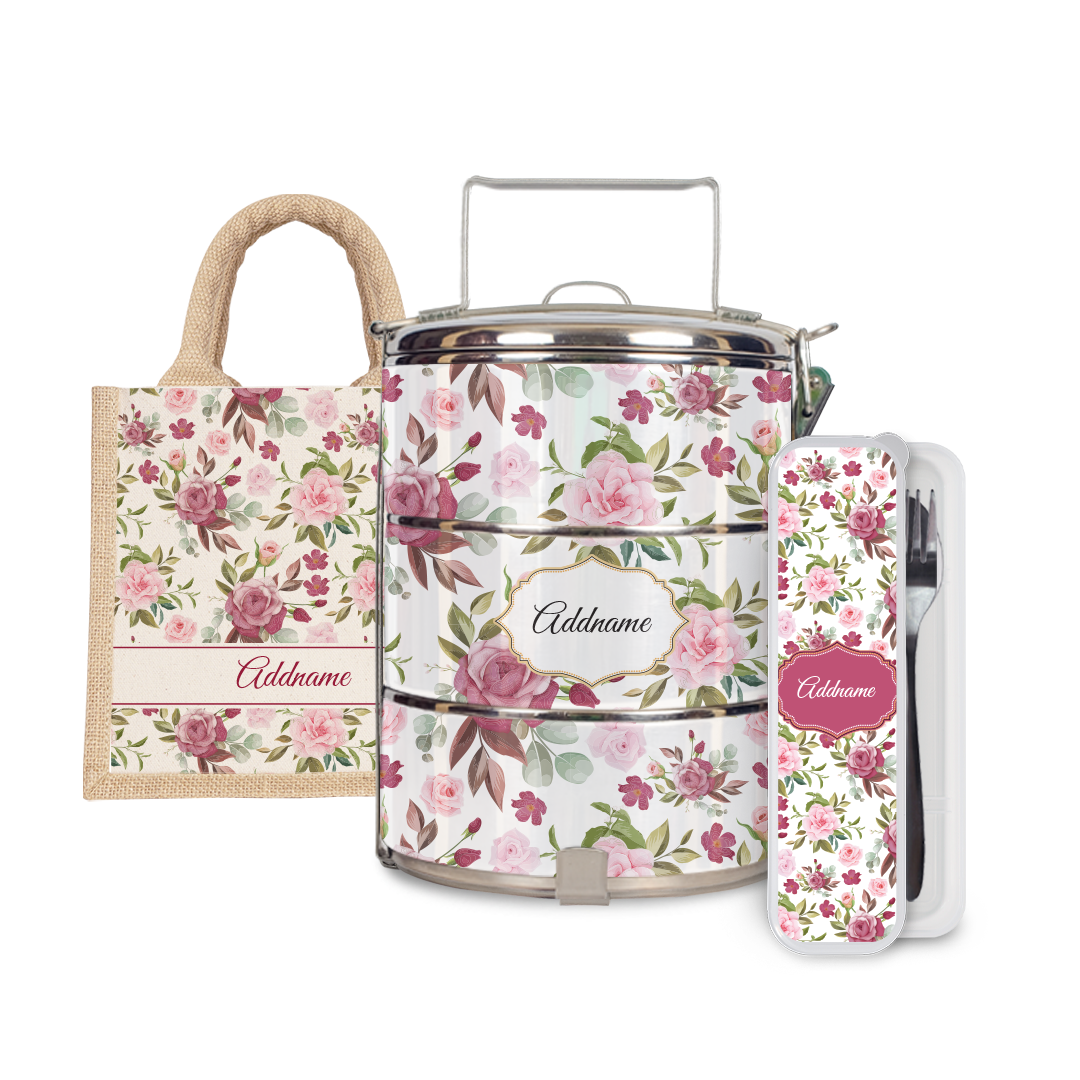 Laura Series - Ruby Half Lining Lunch Bag, Tiffin Carrier and Cutlery Set