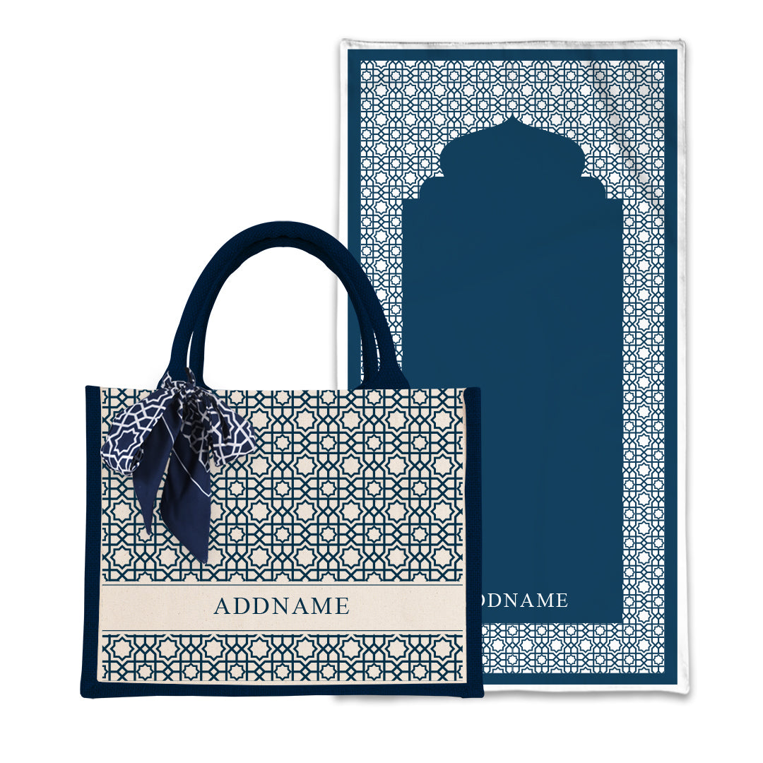 Annas Series - Prussian Blue  Prayer Mat with Navy Half Lining Small Canvas Bag