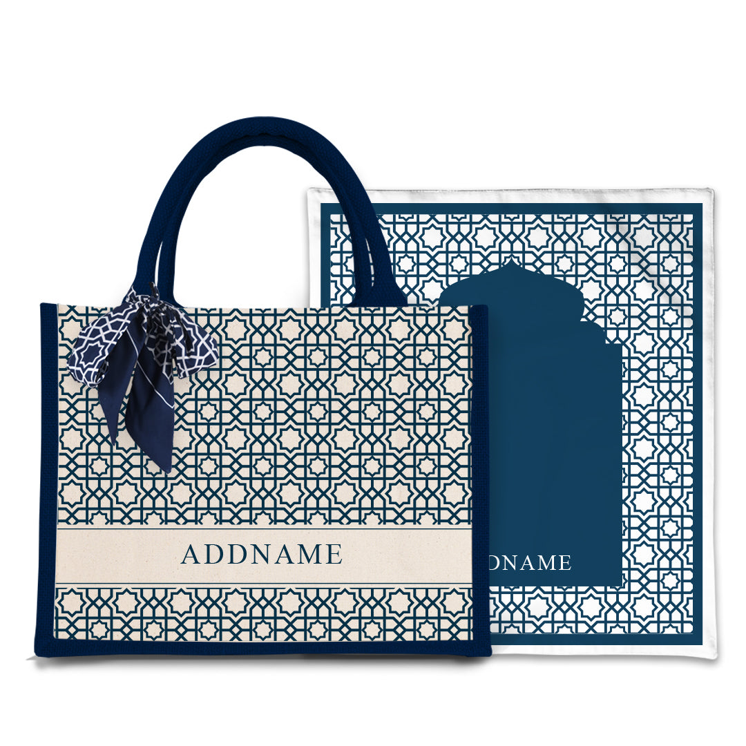 Annas Series - Prussian Blue  Prayer Mat with Navy Half Lining Small Canvas Bag
