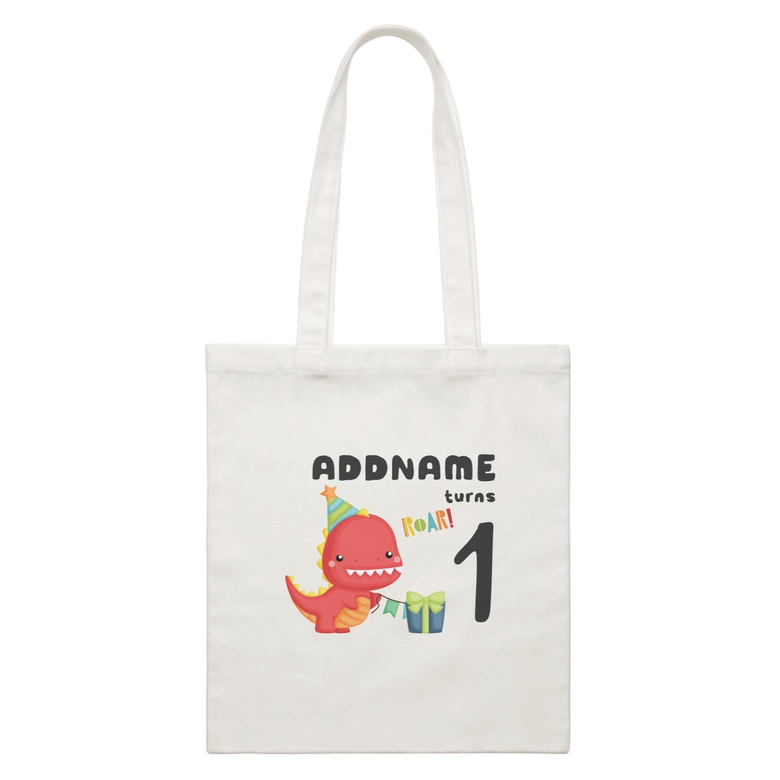Birthday Dinosaur Happy Red Rex Wearing Party Hat Addname Turns 1 White Canvas Bag