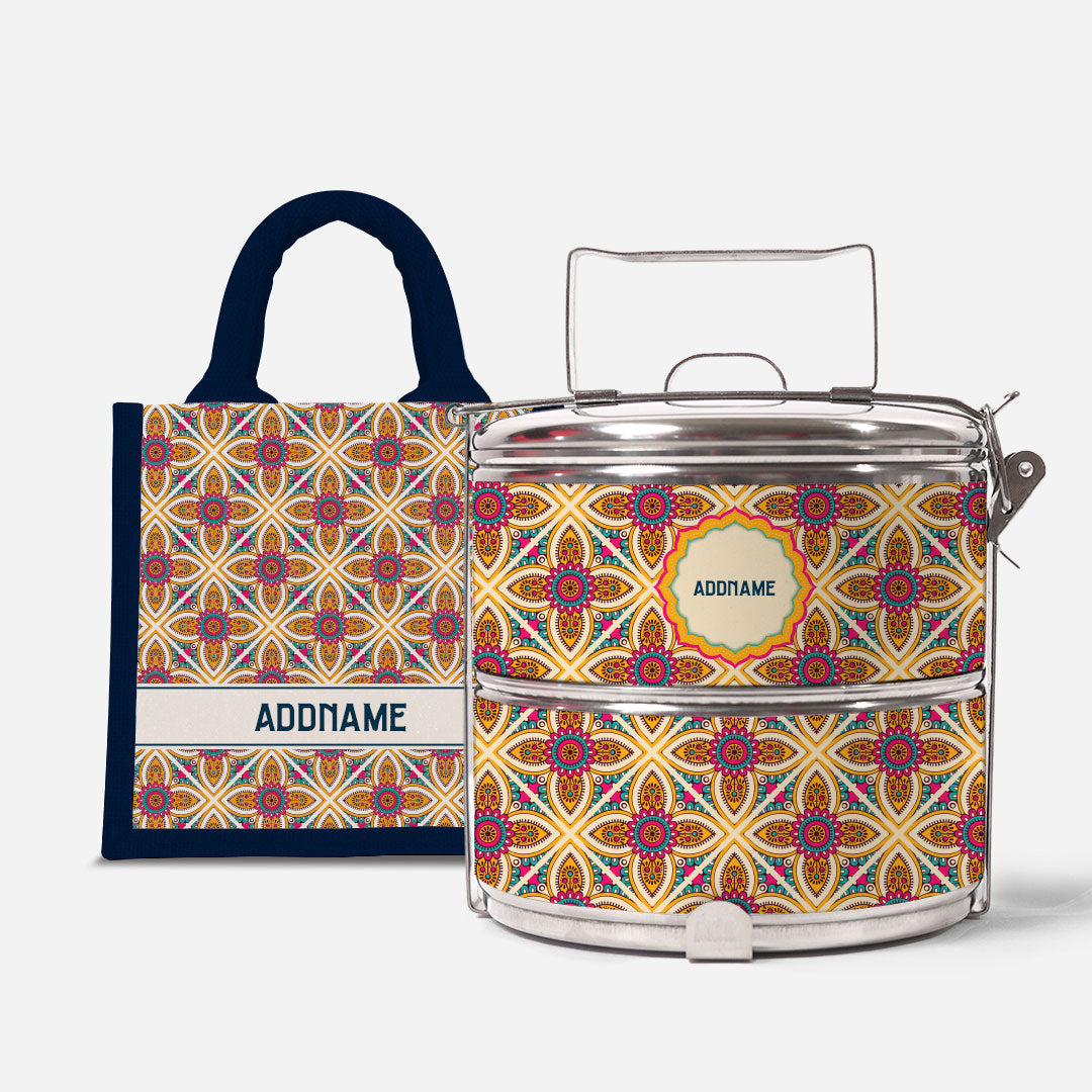Pookal Series Standard Two Tier Tiffin with Half Lining Lunch Bag - Vibrant Tiles Navy