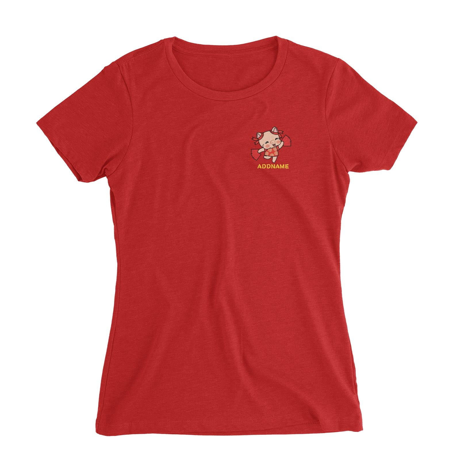 Properity Pig Girl with Red Packets Pocket Design Women Slim Fit T-Shirt